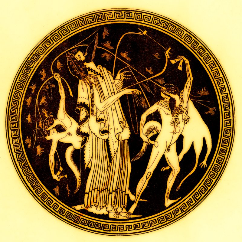 Dionysos en satyrs, illustratie uit Griekse Vaas Schilderijen door J. E. Harrison en D. S. MacColl, gepubliceerd 1894 door after English School