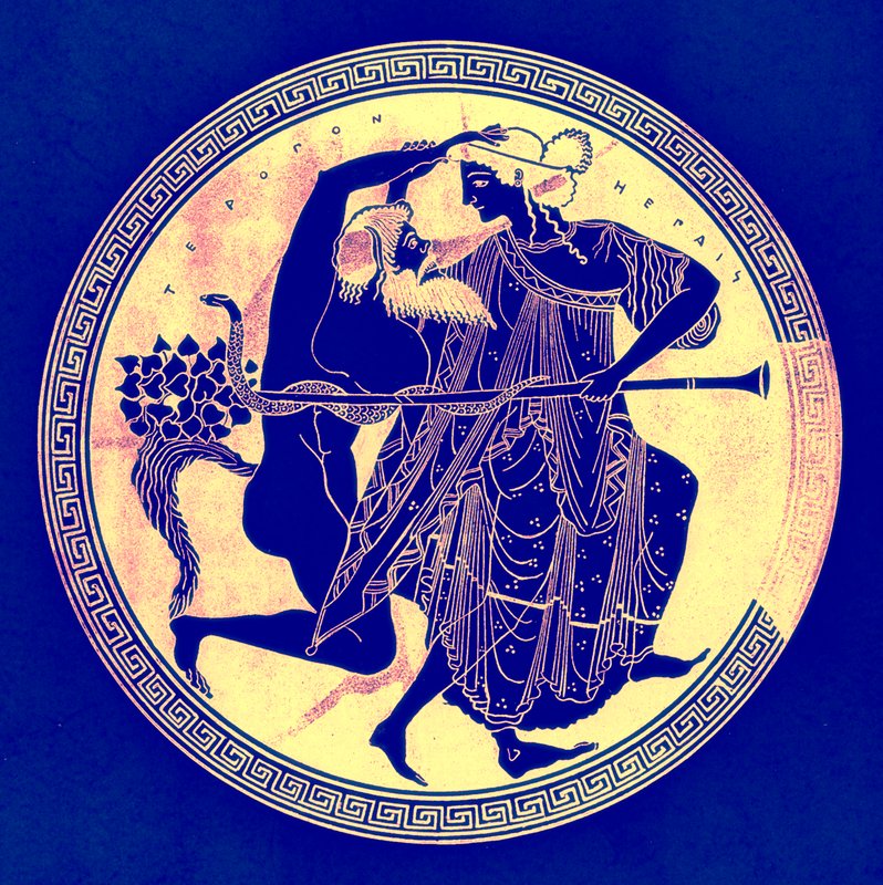 Satyr en Maenade, illustratie uit Griekse Vaas Schilderijen door J. E. Harrison en D. S. MacColl, gepubliceerd 1894 door after English School