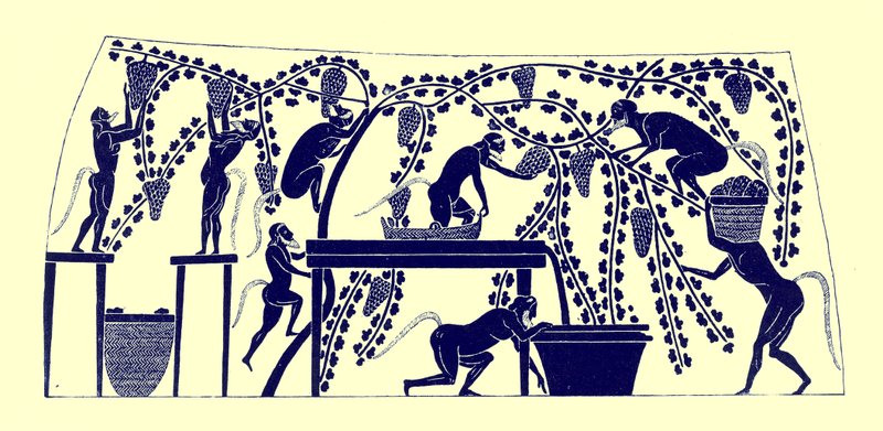 Satyrs verzamelen de oogst, illustratie uit Griekse Vaas Schilderijen door J. E. Harrison en D. S. MacColl, gepubliceerd 1894 door after English School