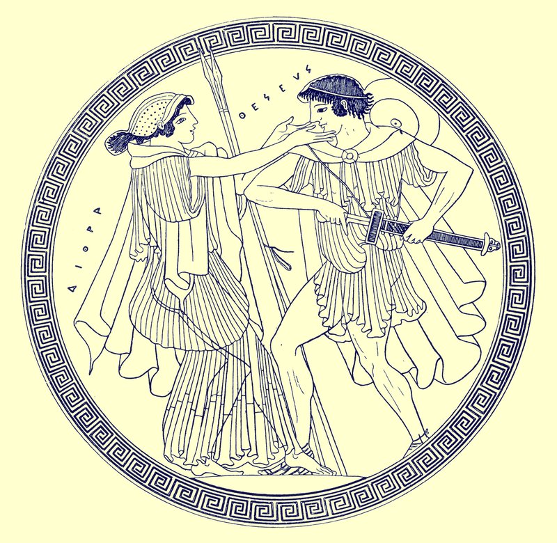 Theseus en Aethra, illustratie uit Griekse Vaas Schilderijen door J. E. Harrison en D. S. MacColl, gepubliceerd 1894 door after English School