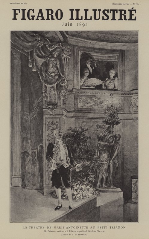 Franse acteur Louis Arsene Delaunay reciteert Jules Clareties gedicht A Trianon in het Theater de Marie Antoinette in het Petit Trianon, Versailles door after Felicien baron de Myrbach Rheinfeld