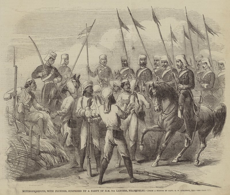 Opstandige Sepoys, met buit, verrast door een partij van HM 9th Lancers, nabij Delhi door after George Francklin Atkinson