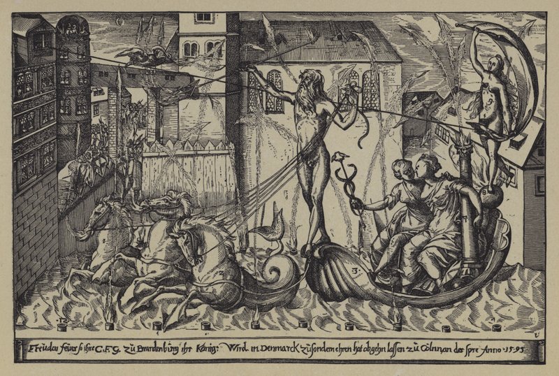 Vuurwerk bij het kasteel van de Markgraaf van Brandenburg in Colln aan de rivier de Spree ter gelegenheid van het bezoek van Koning Christiaan IV van Denemarken, 10 oktober 1595 door after German School
