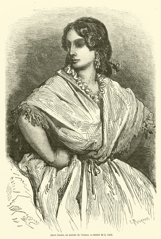 Jonge vrouw op de markt van Valencia door Gustave after Dore