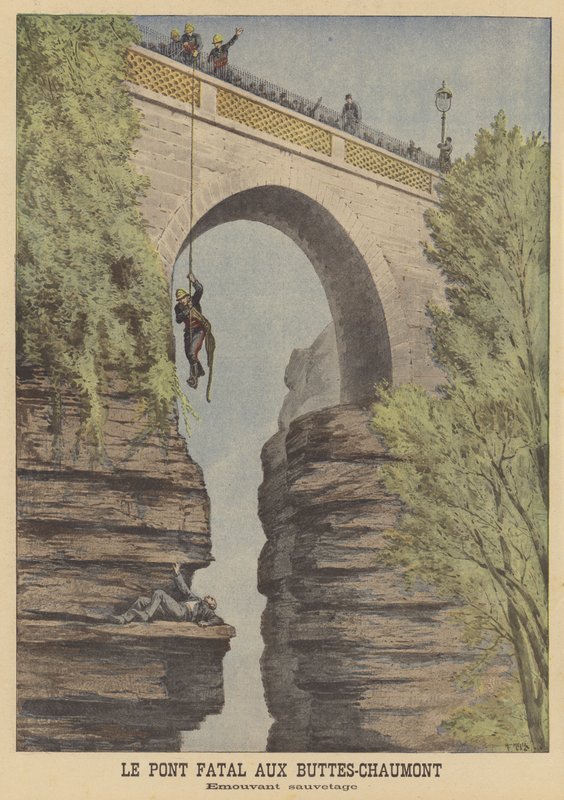 Redding van een zelfmoordpoging bij de brug in het Parc des Buttes-Chaumont, Parijs door after Henri Meyer