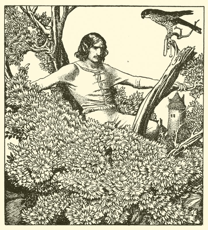 Sir Launcelot klimt om de valk van de dame te vangen door after Howard Pyle