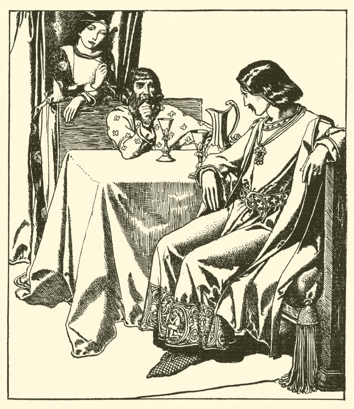 Sir Launcelot zit met Sir Hilaire en Croisette door after Howard Pyle