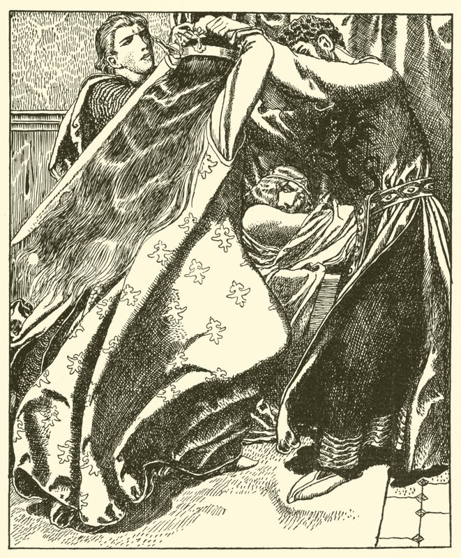 De Koningin van Ierland probeert Sir Tristram te doden door after Howard Pyle