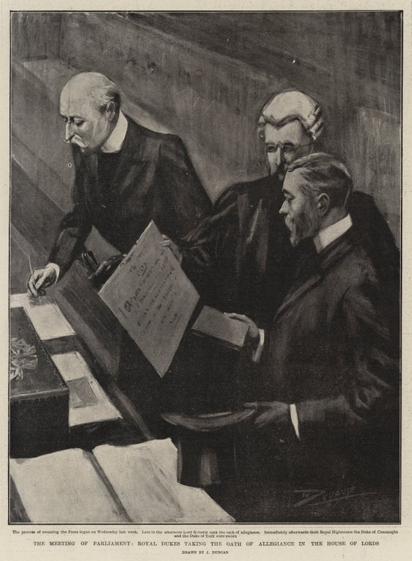 De vergadering van het parlement, koninklijke hertogen die de eed van trouw afleggen in het Hogerhuis door after John Duncan