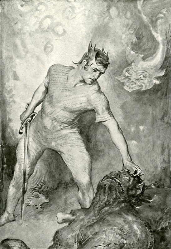 Beowulf scheert het hoofd van Grendel af door after John Henry Frederick Bacon