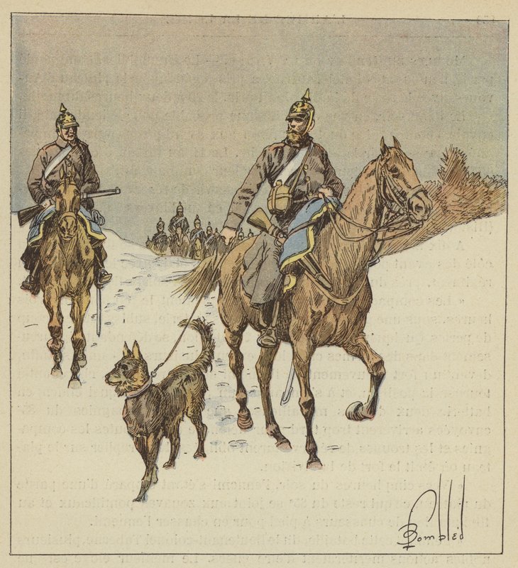 Pruisische ruiters op verkenning, voorafgegaan door honden aan de lijn door after Louis Charles Bombled