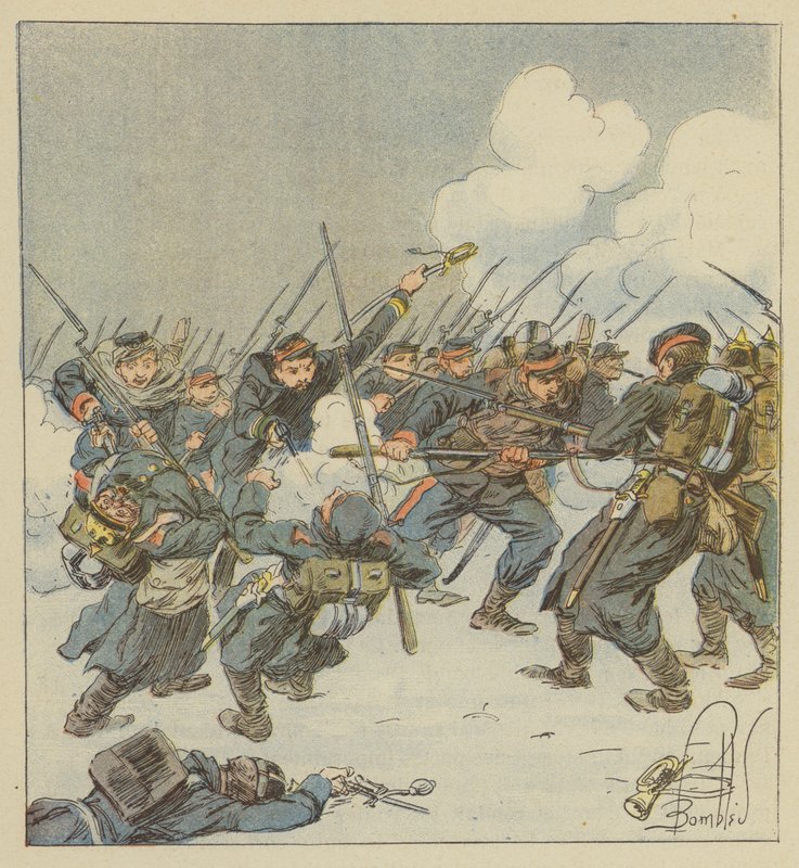 Bajonetaanval van de 22e mobiele eenheden (Dordogne) in de slag bij Saint-Jean-sur-Erve door after Louis Charles Bombled