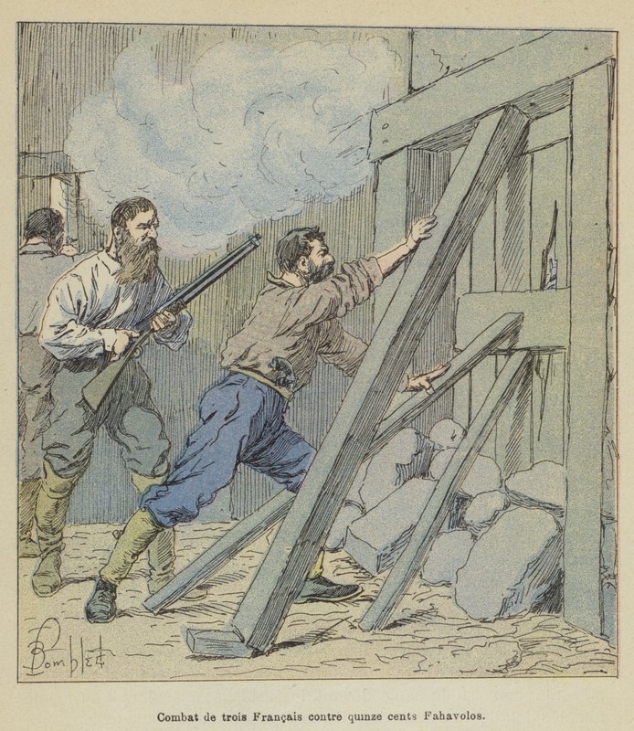 Gevecht van drie Fransen tegen vijftienhonderd Fahavolos door after Louis Charles Bombled