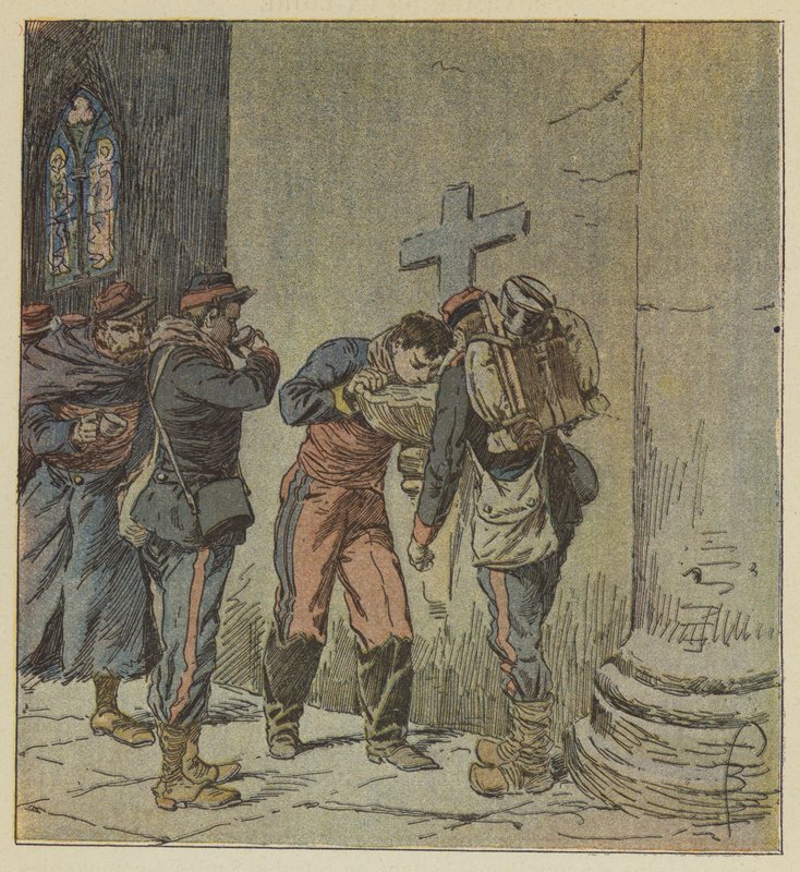 In de kerk van Villiers delen stervende Franse gevangenen het water uit een wijwatervat door after Louis Charles Bombled