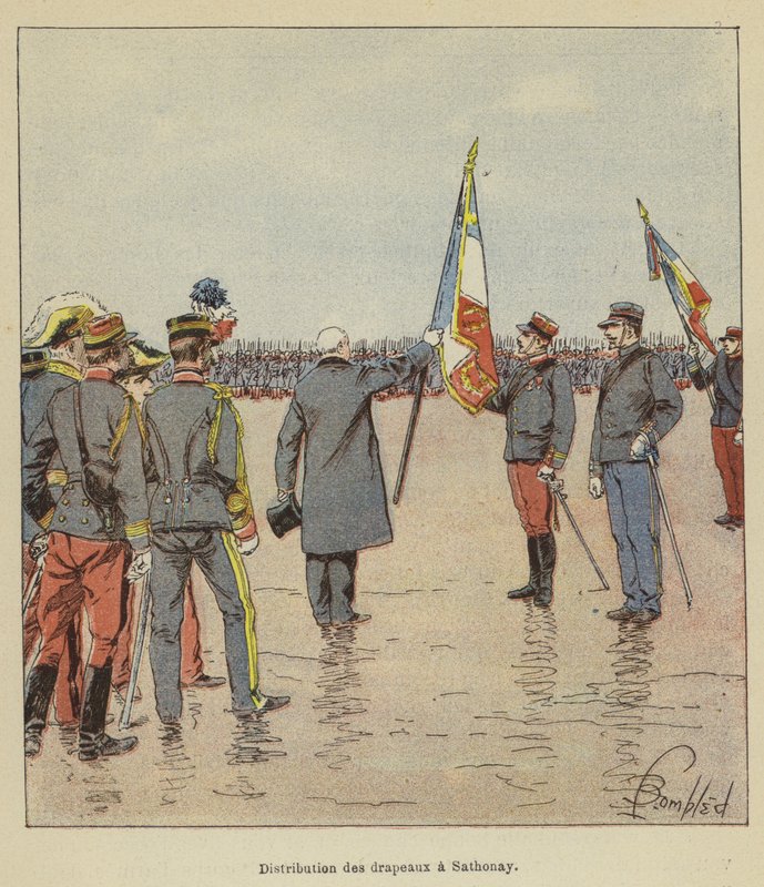 Uitdeling van vlaggen in Sathonay door after Louis Charles Bombled