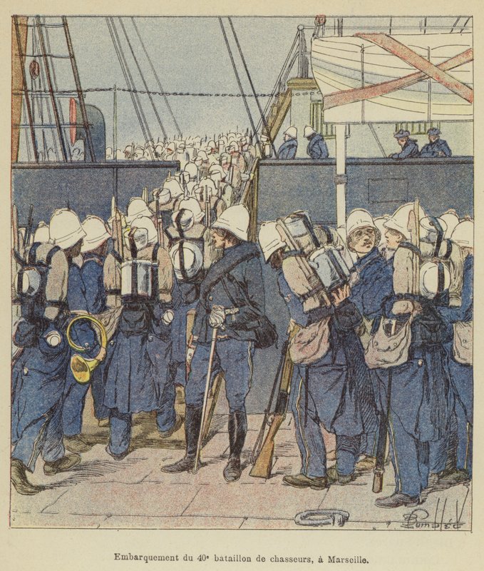 Inscheping van het 40e bataljon jagers in Marseille door after Louis Charles Bombled