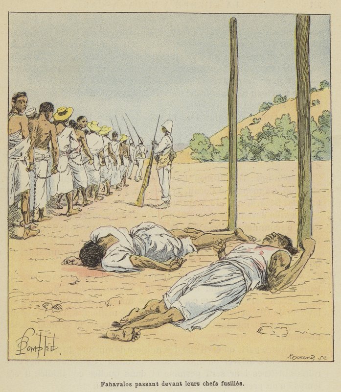 Fahavalos marcheren voor hun gefusilleerde leiders door after Louis Charles Bombled
