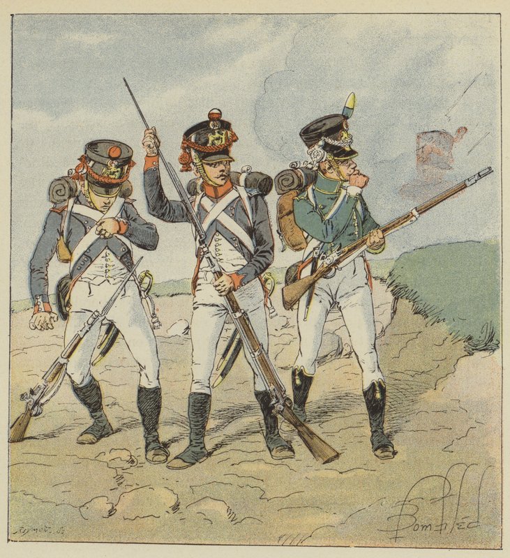 Jonge garde, 1806, Rekruut-grenadier, Tirailleur-grenadier, Flanqueur-jager door after Louis Charles Bombled
