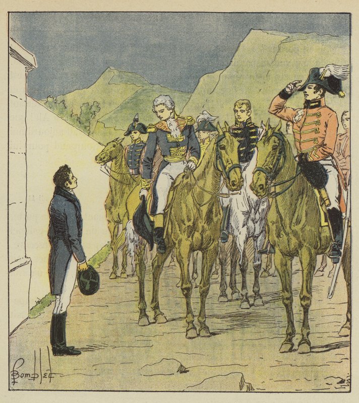 Admiraal Taylor, met een groot staf, komt naar Longwood om de Keizer te zien door after Louis Charles Bombled