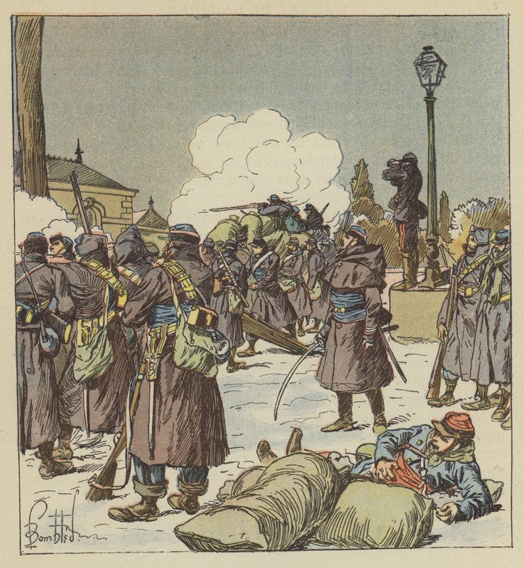 De gendarmes te voet van generaal Bourdillon verdedigen de oversteek van de Huisne door after Louis Charles Bombled