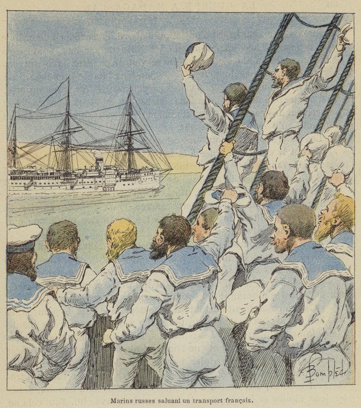 Russische matrozen groeten een Frans transport door after Louis Charles Bombled