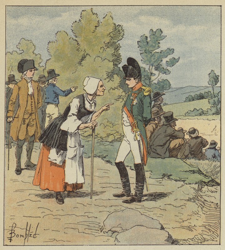 Napoleon praat met een oude vrouw uit Tarare door after Louis Charles Bombled