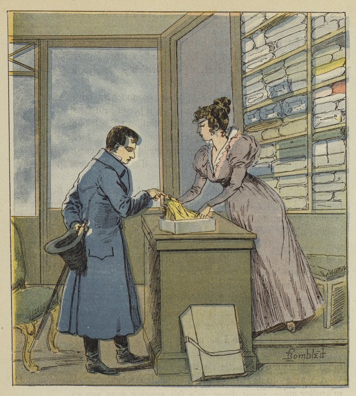 Napoleon vermomd in een winkel in de rue Saint-Denis door after Louis Charles Bombled