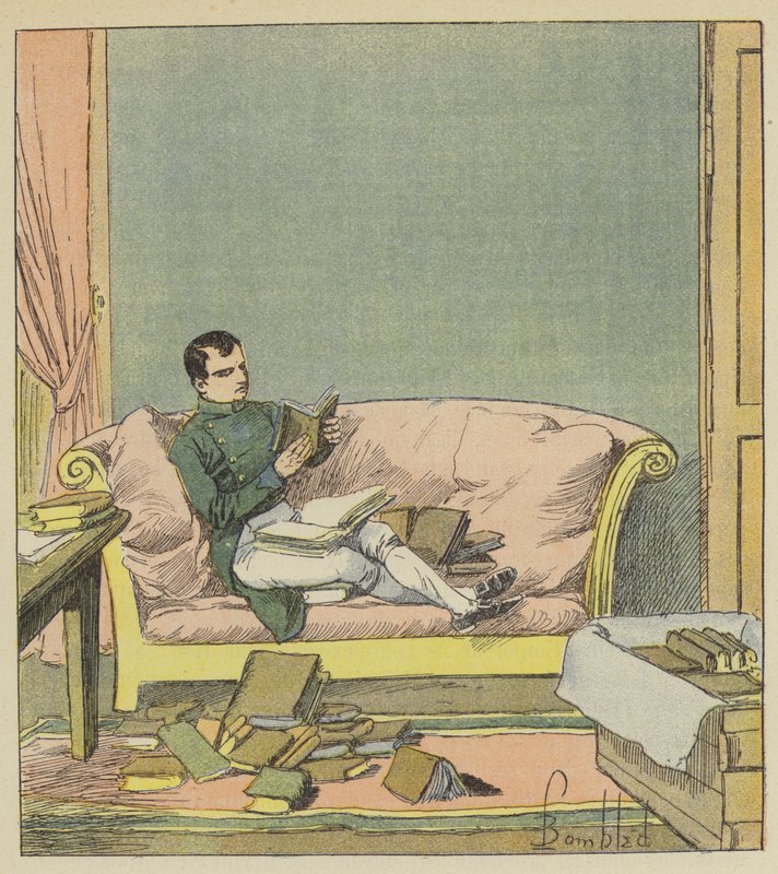 Napoleon bekijkt de boeken die hem net zijn gestuurd door after Louis Charles Bombled