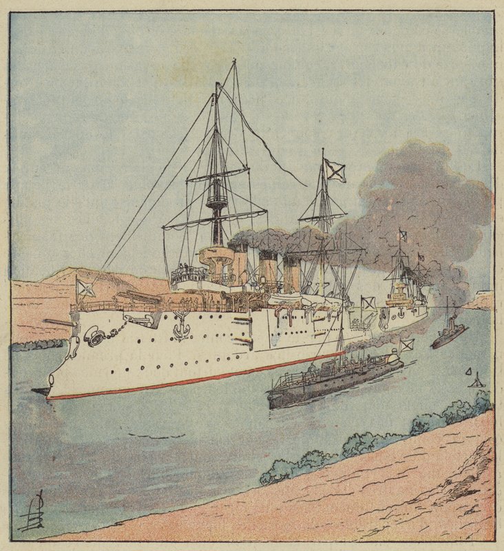Russische oorlogsschepen in het Suezkanaal door after Louis Charles Bombled