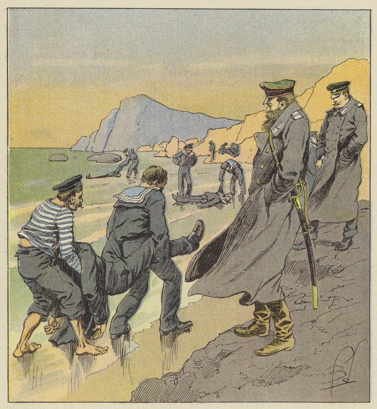 Berging van de lichamen van de matrozen van de Petropawlosk door after Louis Charles Bombled