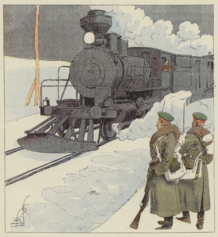 Militaire trein op de Transsiberische spoorlijn door after Louis Charles Bombled