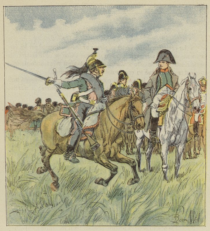Een dragonder waarschuwt de Keizer voor het verraad van een van zijn generaals door after Louis Charles Bombled