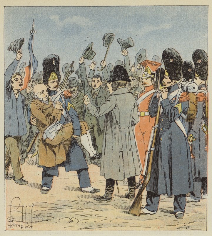 Een grenadier van Elba brengt Napoleon zijn negentigjarige vader in zijn armen door after Louis Charles Bombled
