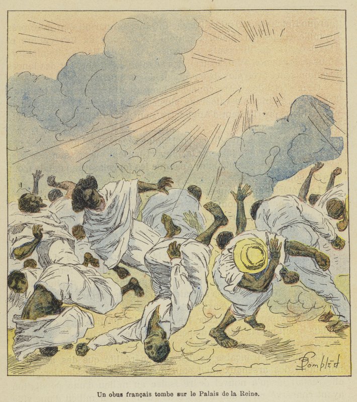 Een Franse granaat valt op het paleis van de koningin door after Louis Charles Bombled