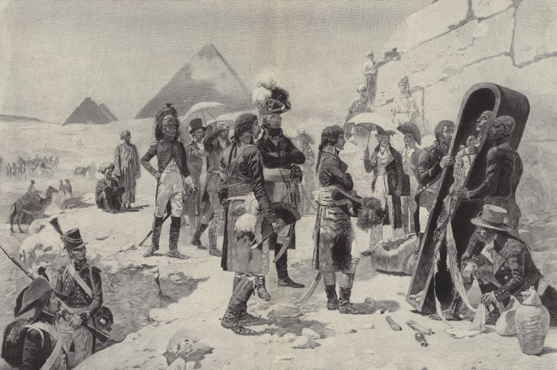 Napoleon voor de piramides, contemplerend de mummie van een farao door after Maurice Henri Orange