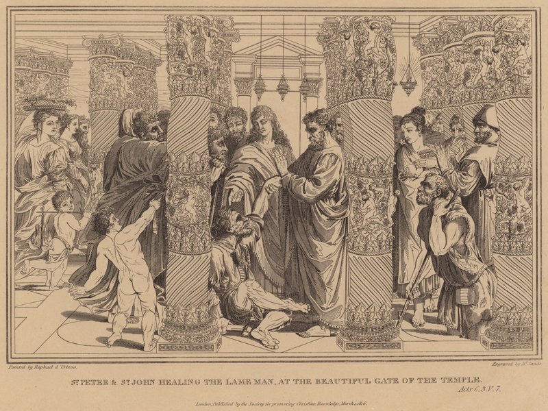 St. Petrus en St. Johannes genezen de Lamme Man bij de Mooie Poort van de Tempel, Handelingen door after Raphael