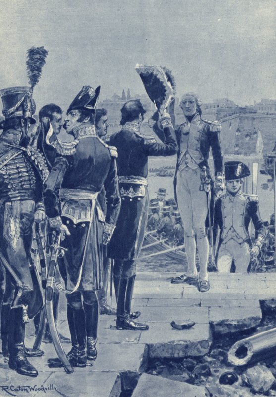 Malta, na een belegering van twee jaar geven de Fransen het eiland over aan de Britten in 1800 door after Richard Caton II Woodville