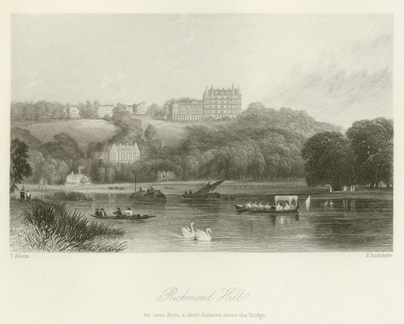 Richmond Hill, gezien vanaf een korte afstand boven de brug door after Thomas Allom