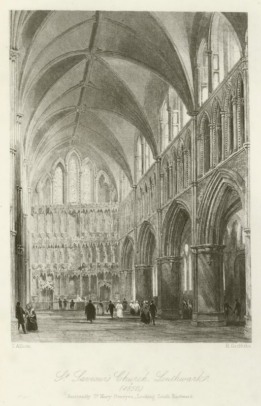St Saviours Kerk, Southwark, 1850, vroeger St Mary Overyes, kijkend naar het zuidoosten door after Thomas Allom