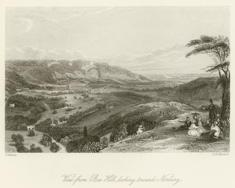 Uitzicht vanaf Box Hill, kijkend naar Norbury door after Thomas Allom