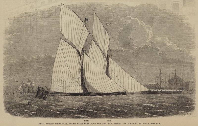 Zeilwedstrijd van de Koninklijke Londense Jachtclub, de Romp en de Julia passeren de Vlagboei bij North Woolwich door after Thomas Harrington Wilson