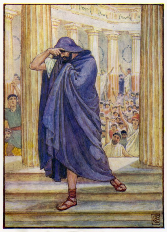 Hij verliet de vergadering, zijn gezicht verbergend in zijn mantel door after Walter Crane