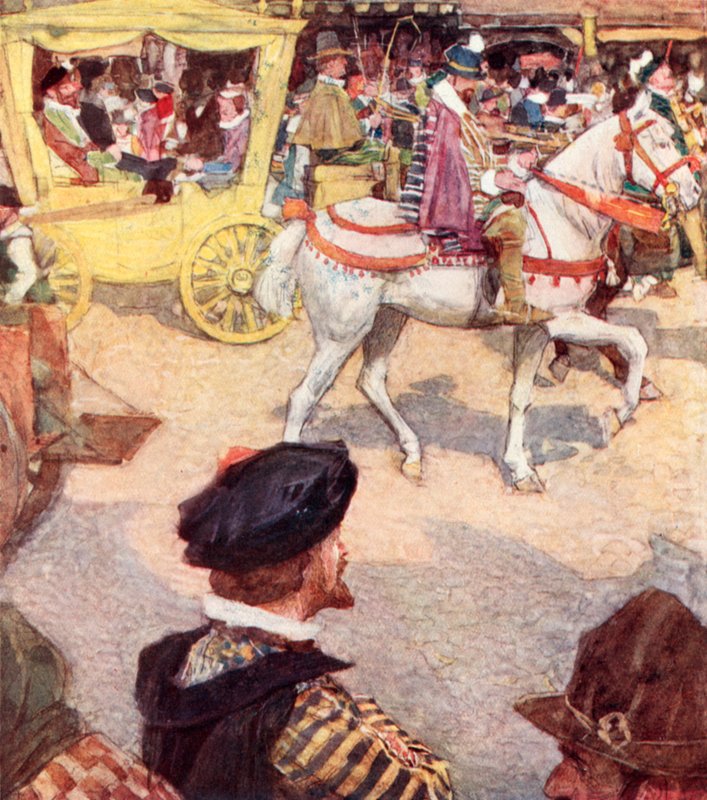 Shakespeare bewondert de mooie paarden in Cheapside, Londen door after William Hatherell