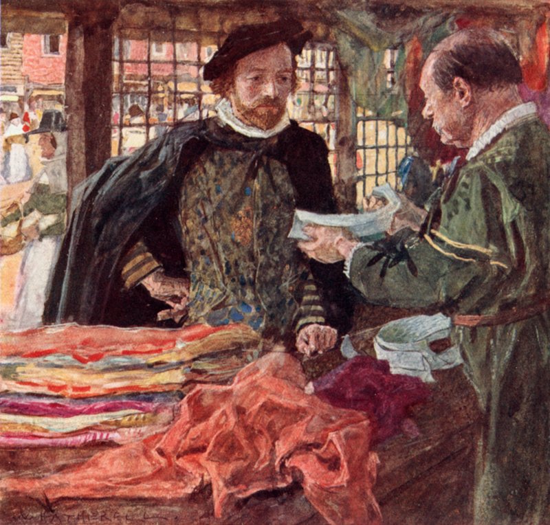 Shakespeare bij een stoffenwinkel om een van de nieuwe vallende kragen te kopen die de ruwe kragen vervangen door after William Hatherell