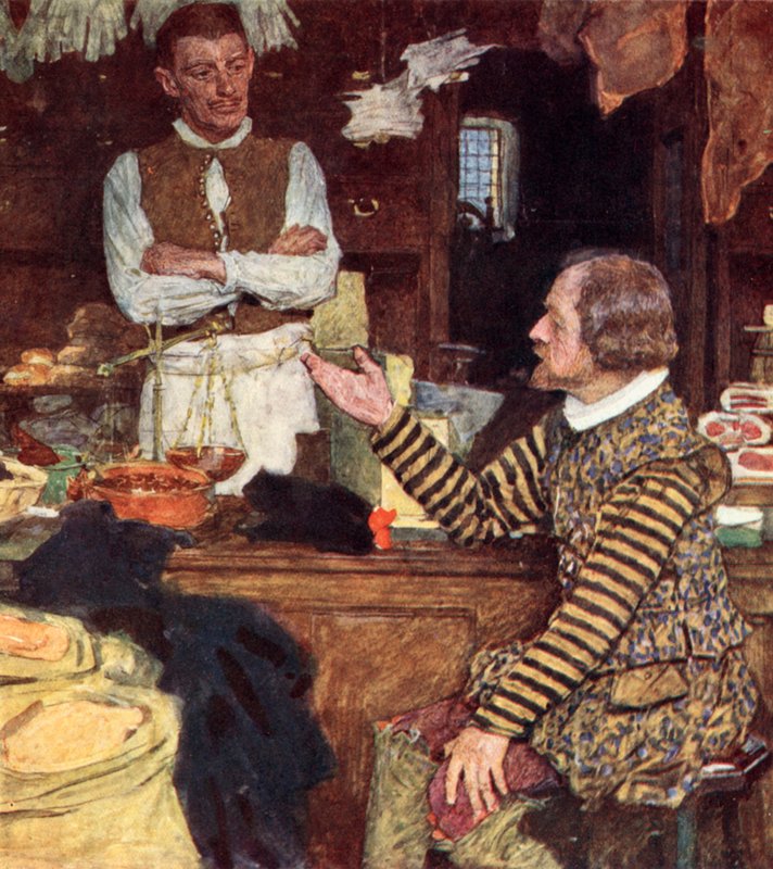 Shakespeare bezoekt een kruidenierswinkel in Bucklersbury voor een praatje met John Sadler, een leerling uit Stratford door after William Hatherell