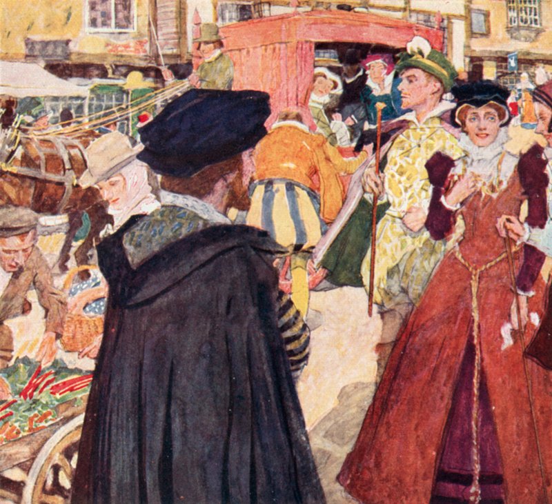 Shakespeare observeert de dwaze mode en capriolen van de fops op Ludgate Hill, Londen door after William Hatherell