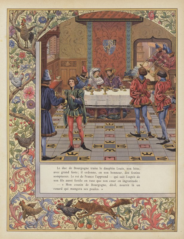 De hertog van Bourgondië biedt een weelderig feest aan voor Lodewijk, dauphin van Frankrijk (kleur litho) door pseudonym for Onfray de Breville Jacques Job