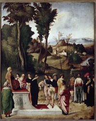 Mozes als kind onderworpen aan de vuur- en goudtest door de farao (detail)