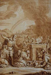 Noach na de zondvloed, gegraveerd door Elishah Kirkhall