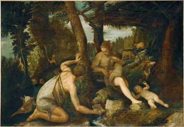 Adam en Eva na de verdrijving uit het paradijs (schilderij op doek)